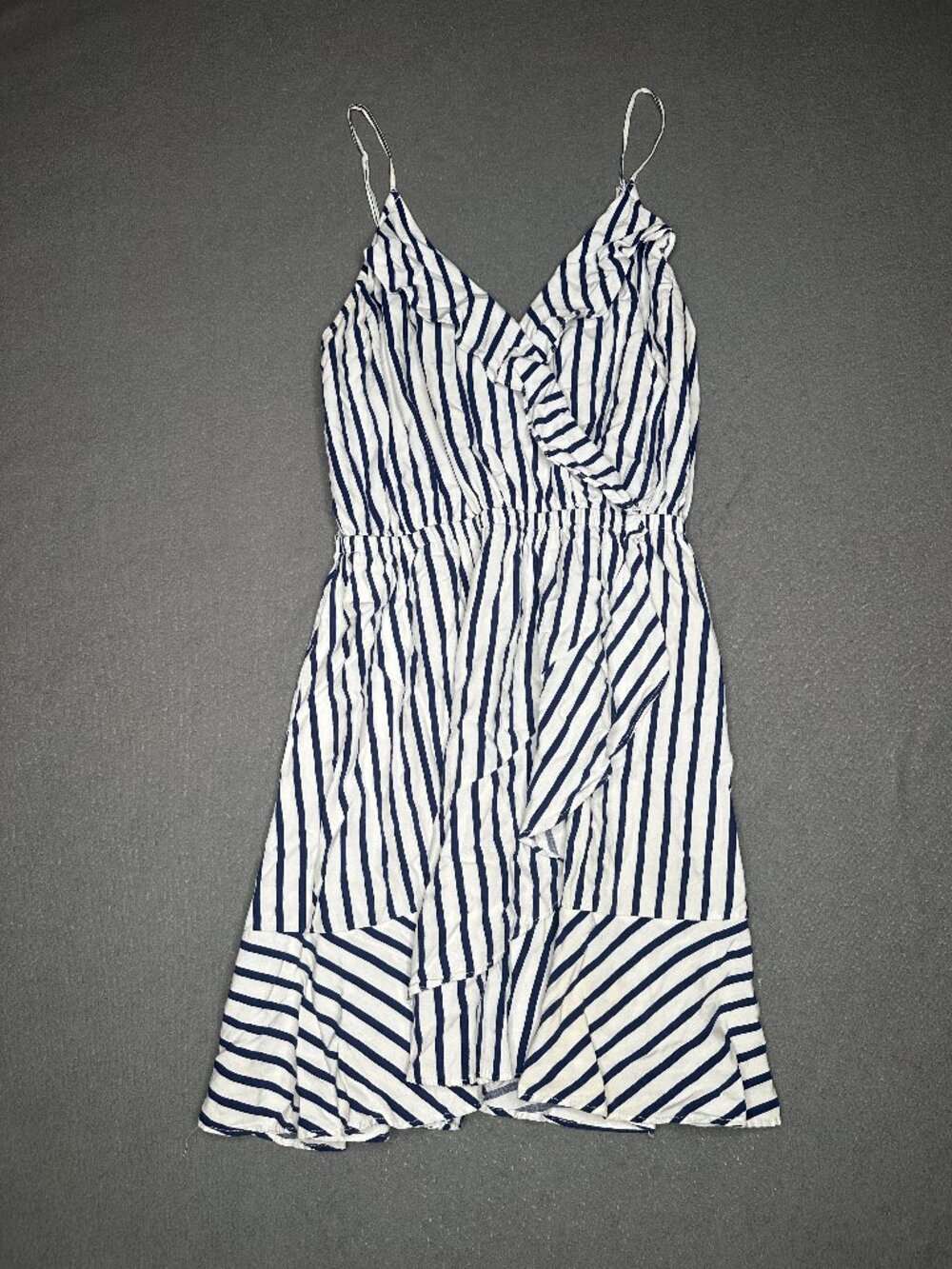 Express Striped V-Neck Ruffle Cami Sun Dress Medium Blue White